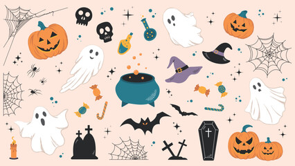 Big set of flat style Halloween celebration elements. Designs of ghost, pumpkin, spider webs, spiders, creepy and scary elements for Halloween decoration. Vector