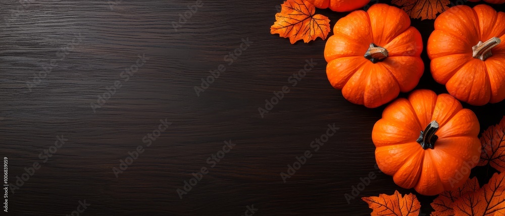 Poster  A collection of orange pumpkins atop a wooden table, beside a cluster of leafy greens