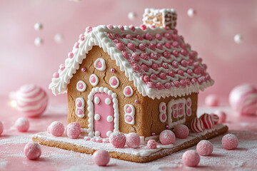 A festive gingerbread house with candy decorations, isolated on a pastel backdrop,