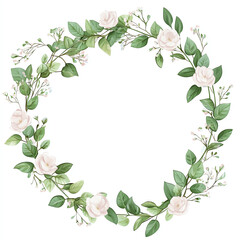 Naklejka premium Beautiful floral wreath with white flowers and green leaves on a white background.