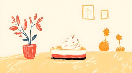 Artistic depiction of a dessert with plants in a warm, inviting interior.