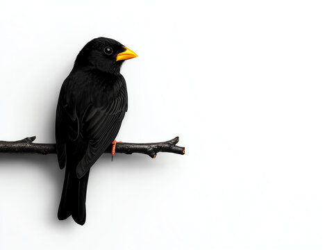 recommend clip art: Black bird perched on a branch, white isolated background.