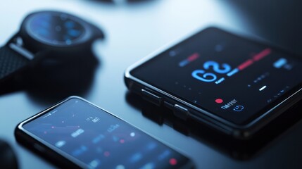 Detailed shot of a black fitness watch and smartphone, focusing on the activity tracker screen with selective focus.
