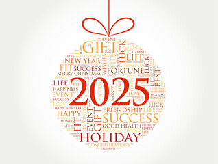 Obraz premium Happy New Year 2025, Christmas ball word cloud, holidays lettering collage