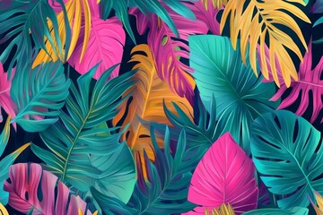Vibrant tropical foliage in shades of blue, yellow, and pink creates a lively and artistic backdrop for summer celebrations