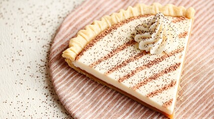 Delicious slice of creamy dessert topped with whipped cream and cocoa sprinkles.