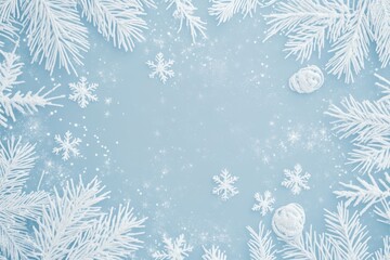A serene winter wonderland crafted with delicate snowflakes and shimmering ornaments on a tranquil blue backdrop
