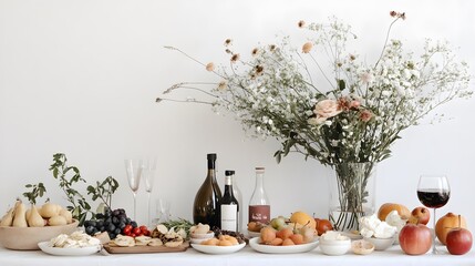 Fototapeta premium Elegant spread of fruits, cheese, and wine with fresh flowers as a centerpiece.