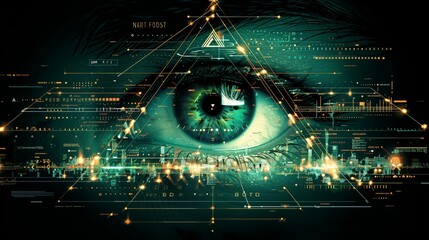 Cyberpunk Eye in Triangle with Matrix AI Design on Green and Black Background