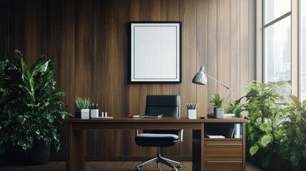 Fototapeta premium Stylish office interior with a framed poster on a wooden wall, wide windows letting in light, and clean desk setups for work. Contemporary design for modern professionals.