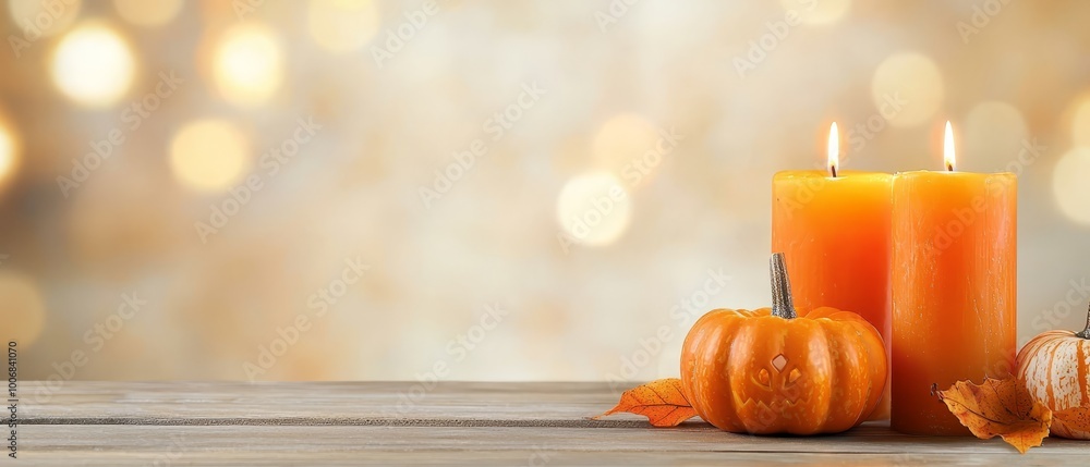 Canvas Prints  A few orange candles atop a table, companions to pumpkins and a solitary candle