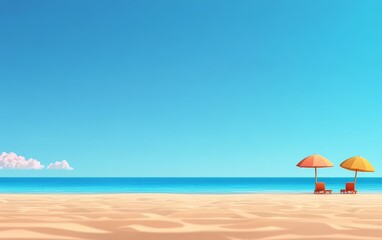 A flat design of a beach scene with cartoon characters relaxing under umbrellas