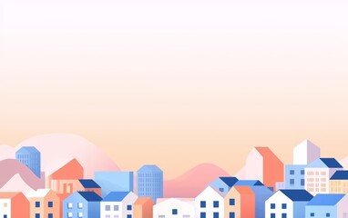 A flat design of a cityscape at sunset, with colorful buildings and a minimalist sky
