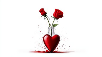 Heartfelt Romance: A pair of delicate red roses bloom in a glass vase shaped like a heart, symbolizing passionate love and affection.