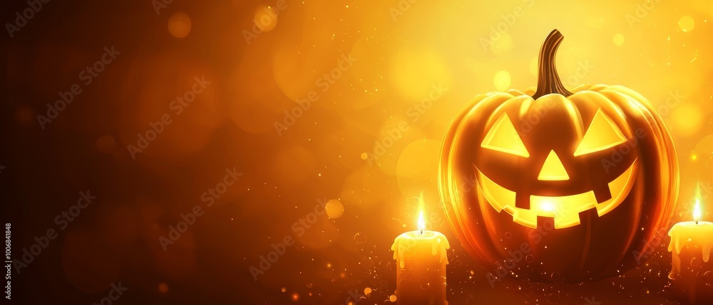 Sticker  A pumpkin featuring a jack-o-lantern carved out in the middle, illuminated by candles in front