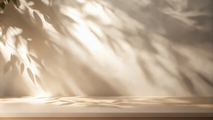 Beautiful background with wooden table and foliage shadow on wall