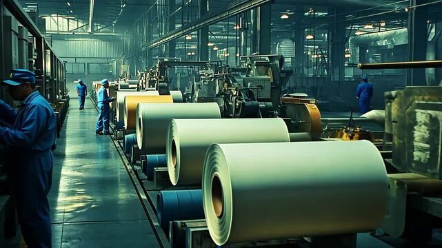 Vintage 1970 Large Paper Rolls Moving Through 1970s Factory Assembly Line
