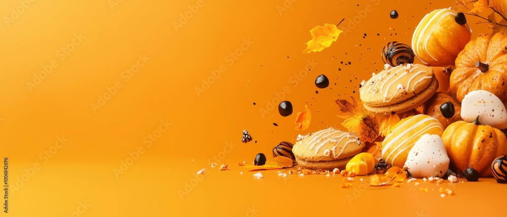 Canvas Prints  A table holds a stack of donuts near a tree laden with leaves and pumpkins