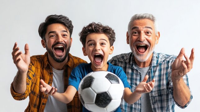 excited boy with soccer ball screaming and showing success gesture together with hispanic dad and grandfather on white, three generations of men, Generative AI