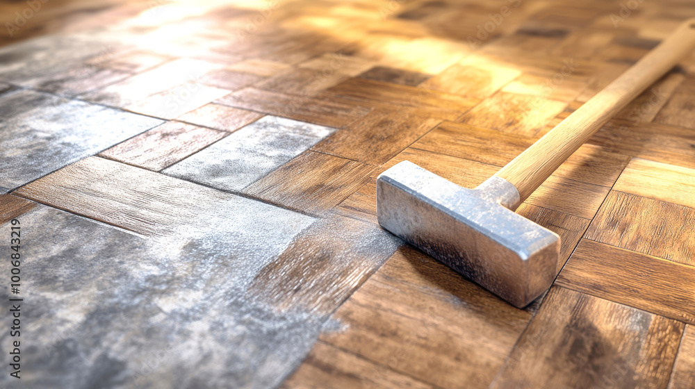 Poster laying parquet flooring with a hammer on a concrete surface in a rustic home setting using realistic