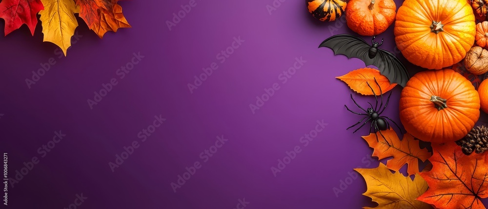 Poster  A purple backdrop adorned with pumpkins, leaves, and acorns; a spider on each side