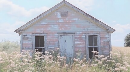 Obraz premium Abandoned rustic house surrounded by wildflowers under a bright sky.