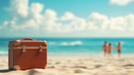 Naklejka premium Family summer vacation concept. Suitcase on the beach with happy family blur on background