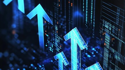 Visual representation of digital growth with upward arrows in a futuristic blue data landscape. A sense of growth and advancement in technology, emphasizing trends and data visualization - Powered by Adobe