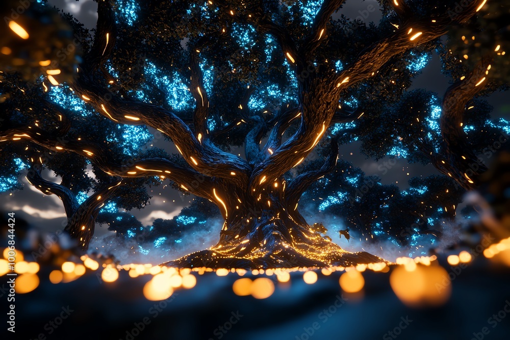 Poster a glowing enchanted forest with towering trees, where magical creatures roam through misty, glowing 
