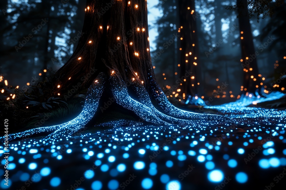 Poster a glowing enchanted forest with towering trees, where magical creatures roam through misty, glowing 