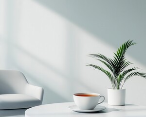 Obraz premium Softly lit office break area with lounge seating, a few plants, and a cup of tea on the side, Relaxing office space, calm and cozy