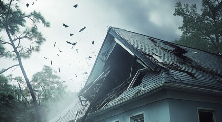 A house with a severely damaged roof after a tornado, debris scattered around, dark skies in the background, trees bent from the wind, selective focus

