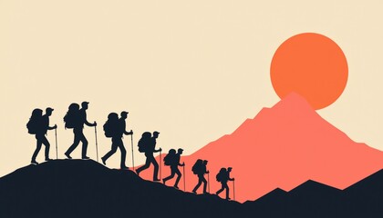 Fototapeta premium A leader walking at the front of a team of hikers, guiding them up a mountain trail toward a distant peak