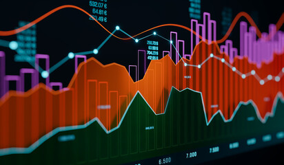 Abstract concept of stock exchange charts, bar graph and market data, colored in blue and orange. Business, financial figures, information, trading, stock market and exchange. 3D illustration
