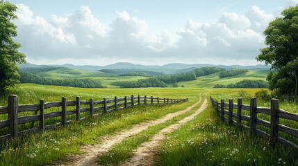 Fototapeta premium A farm fence with rolling green hills in the background, floating gently on a pastel canvas,