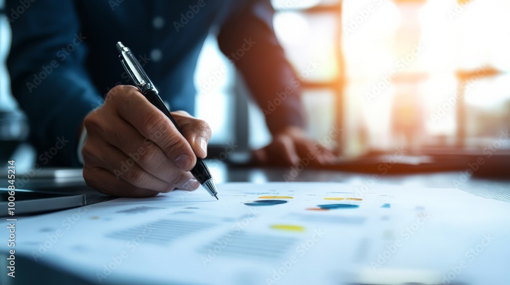 Poster business professional analyzing data and statistics on paper with charts, working on project plannin