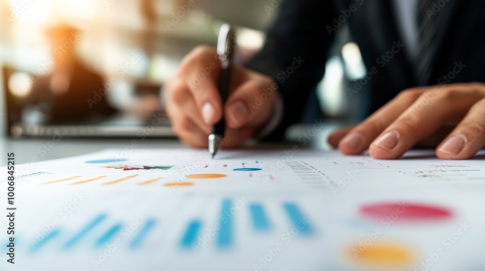 Aufkleber business professional analyzing financial data on a document in an office setting. focus on hand wit