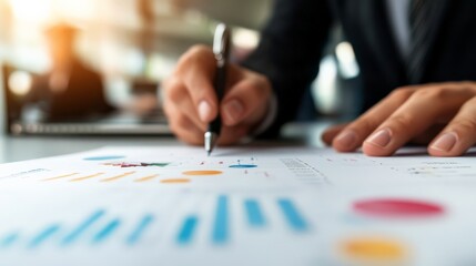 Business professional analyzing financial data on a document in an office setting. Focus on hand with pen and colorful graphs.