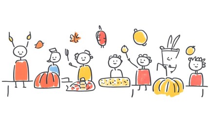A vibrant scene of playful stick figures enjoying a feast together.