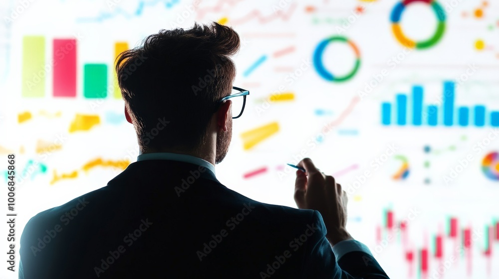 Aufkleber businessman analyzing data on screen with charts, graphs, and metrics for performance review and str
