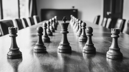 Chess Pieces on a Conference Table in Black and White