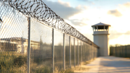 Obraz premium A high-security prison entrance featuring barbed wire fencing and a guard tower under a dramatic sky at sunset