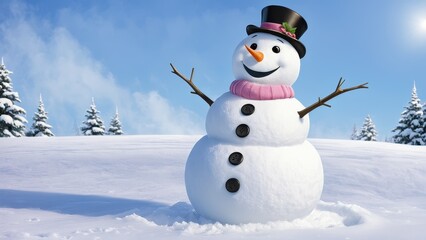 Obraz premium A cheerful snowman stands in a snowy landscape under a bright blue sky.