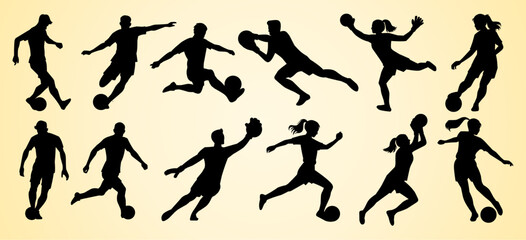This image features silhouettes of soccer players in various active poses, including kicking, dribbling, and goalkeeping. Both male and female athletes are represented, showing dynamic movement.