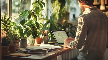 Cozy home office with plants and books, showcasing a man working comfortably in natural light
