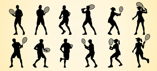 This image displays silhouettes of tennis players in various action poses, holding rackets while performing different strokes like serving, volleying, and backhand swings, showcasing dynamic movements
