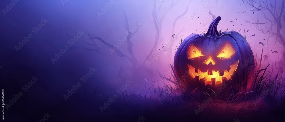 Canvas Prints  A jack-o-lantern pumpkin in a field's center, surrounded by trees against a night backdrop