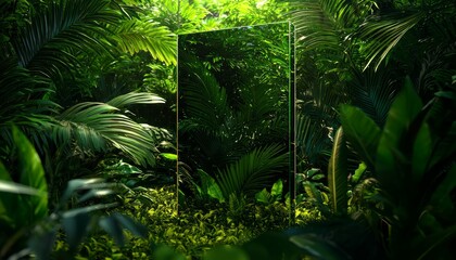 A reflective block in the heart of a vibrant jungle, seamlessly mirroring the natural beauty around it