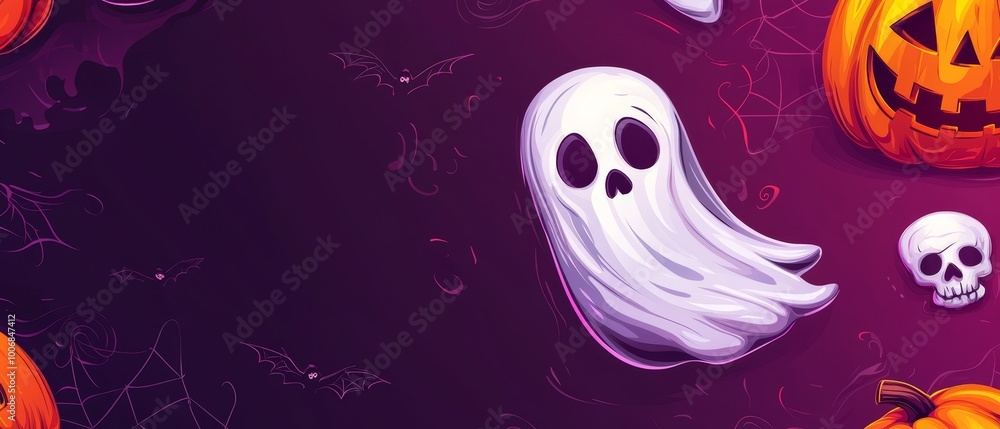 Wall mural ghost, pumpkins, jack-o'-lantern on purple backdrop..Or, if you prefer, in a more descriptive way: