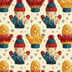 Festive winter pattern featuring colorful mittens and hats with intricate designs, set against a light background.
